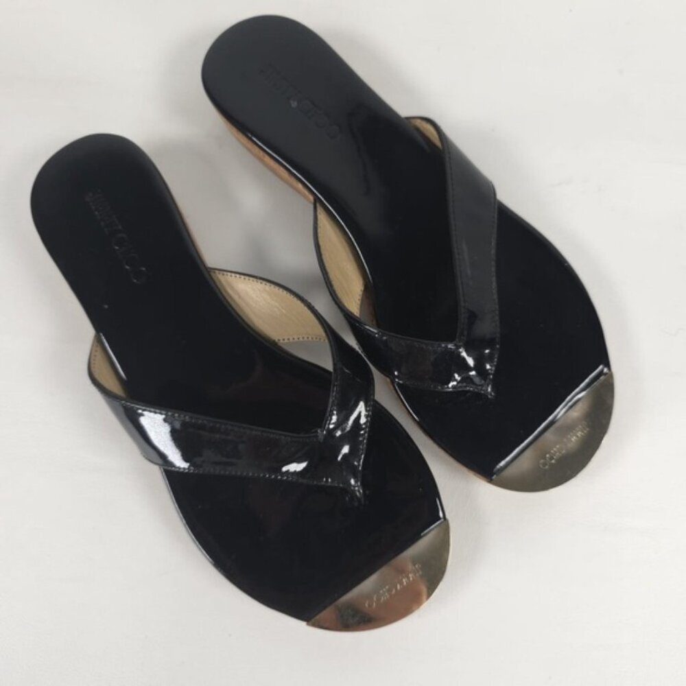 JIMMY CHOO Black Pence PATENT LEATHER‎ Cork Thong MADE IN SPAIN 🇪🇸 Sandal 36